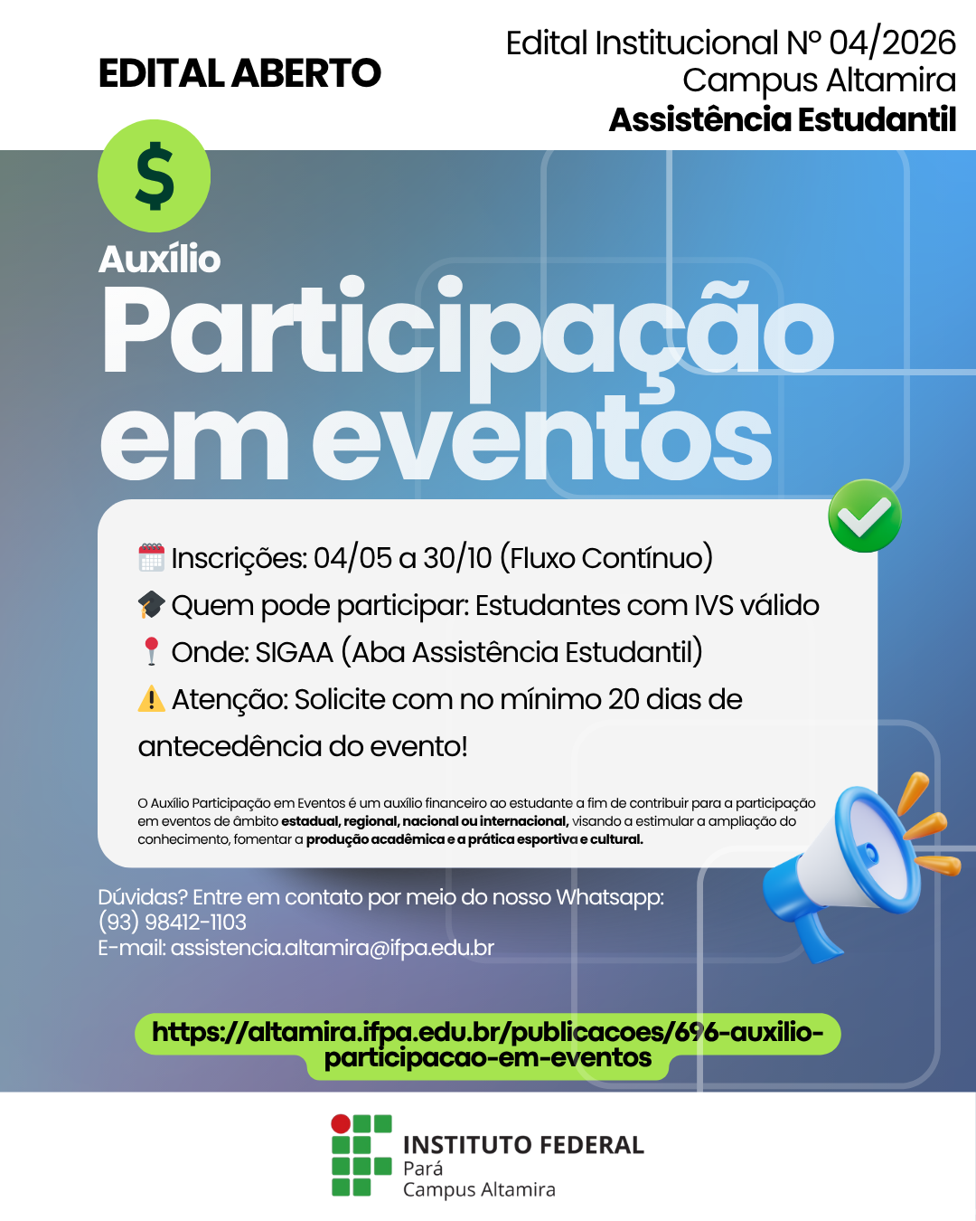 EDITAL INSTITUCIONAL Nº 04/2026 PARTICIPAÇÃO EM EVENTOS TÉCNICO–CIENTÍFICOS, ESPORTIVOS OU CULTURAIS
